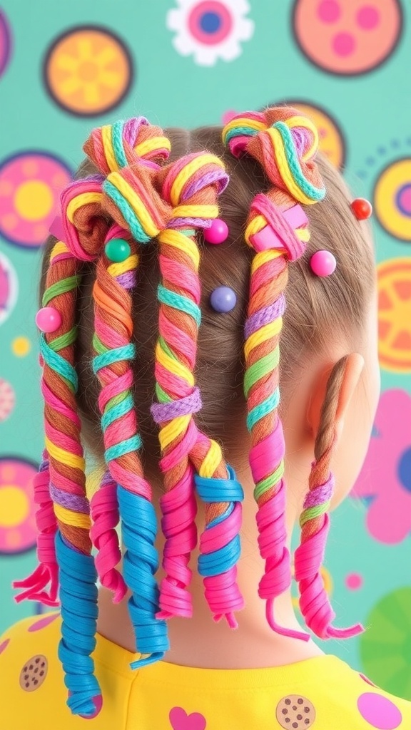 A creative noodle hairstyle with colorful twists and accessories.